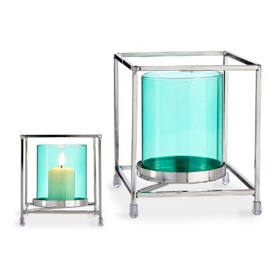 Kerzenschale karriert Silberfarben Blau 11,5 x 12,6 x 11,5 cm Metall Glas